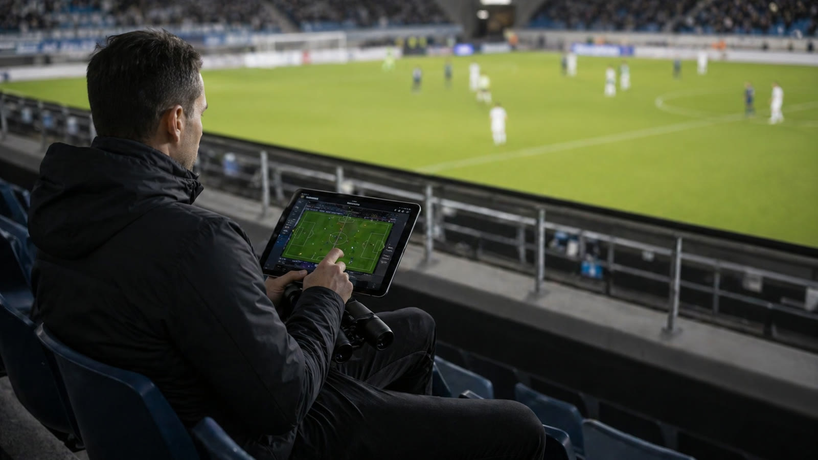 Scout reviews a candidate live in the stadium